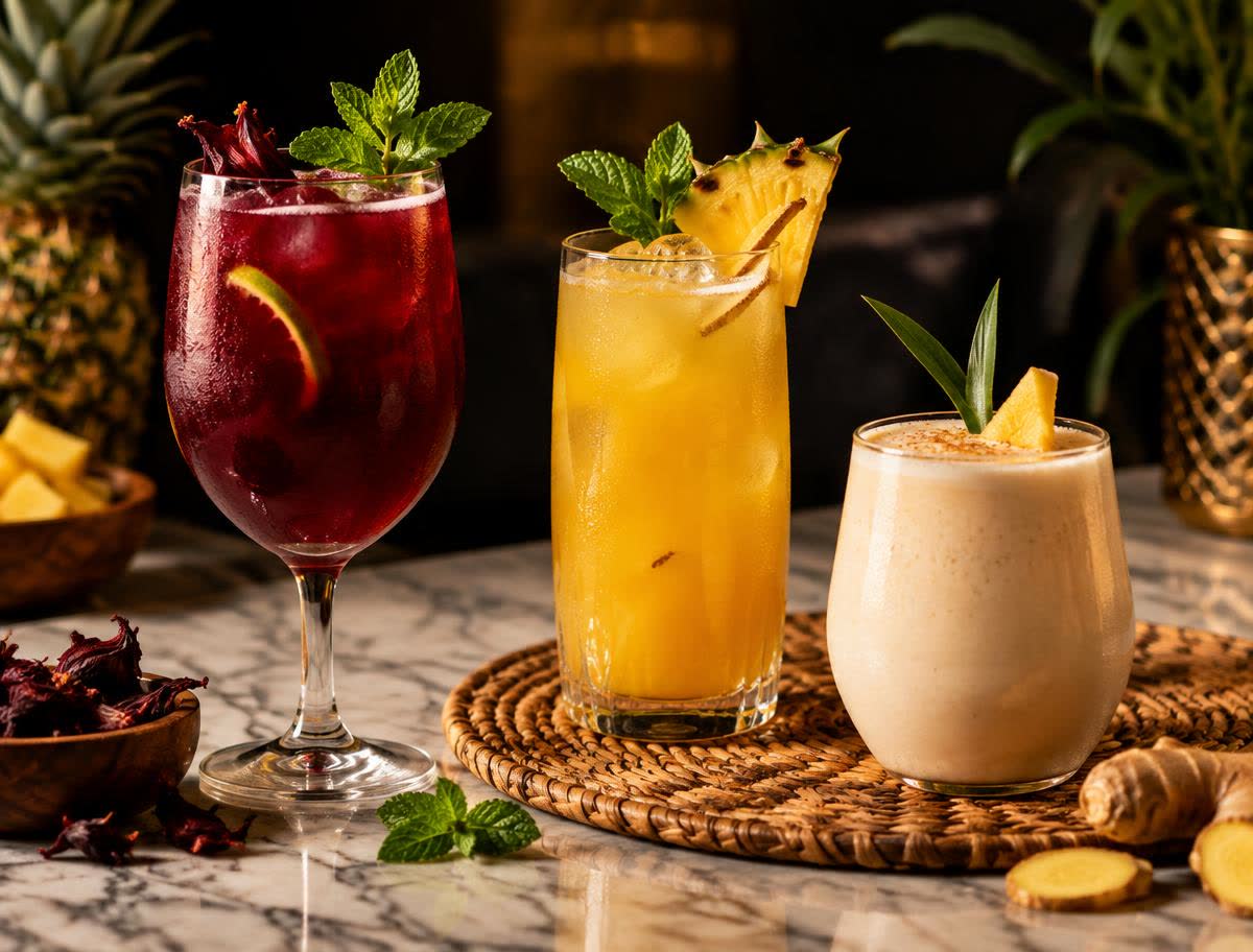 Glasses of red, golden and cream coloured drinks on a marble bar