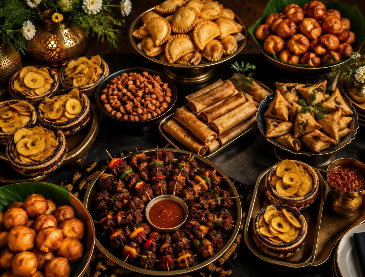Ghanaian snacks on brass trays, including plantain chips and puff puff